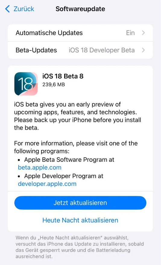 科尔沁右翼中苹果手机维修分享苹果 iOS / iPadOS 18 开发者预览版 Beta 8 发布 